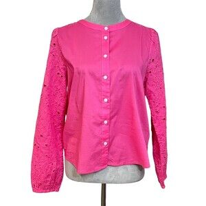 J. Crew Eyelet Boxy Floral Blouse M Pink Long Sleeve Spring Summer